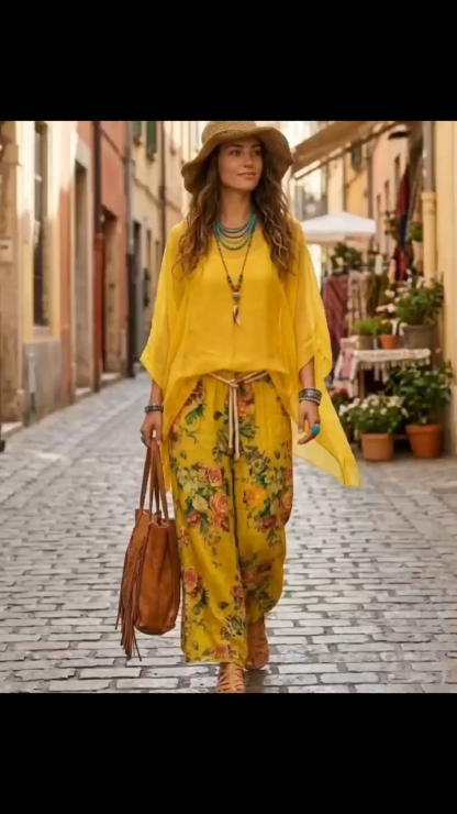 Sleeveless Yellow Boho Overlay Top & Printed Wide Leg Palazzo Pants Set