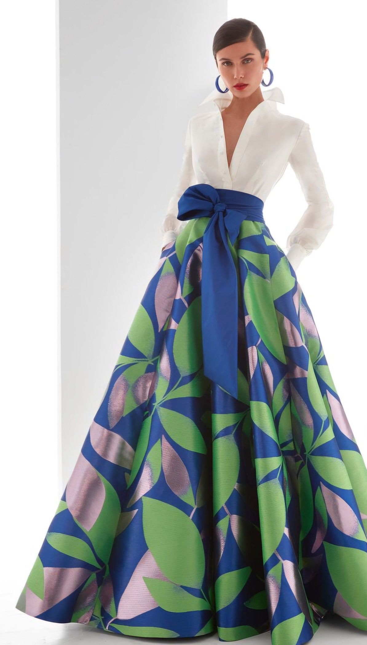 Blue Green Leaf Print Maxi Skirt & White Shirt Set
