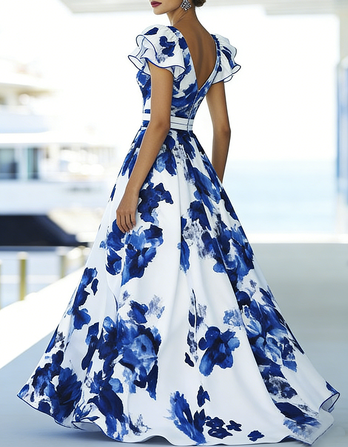 Blue Floral Watercolor Print V-Neck Ruffled Sleeve Maxi Dress