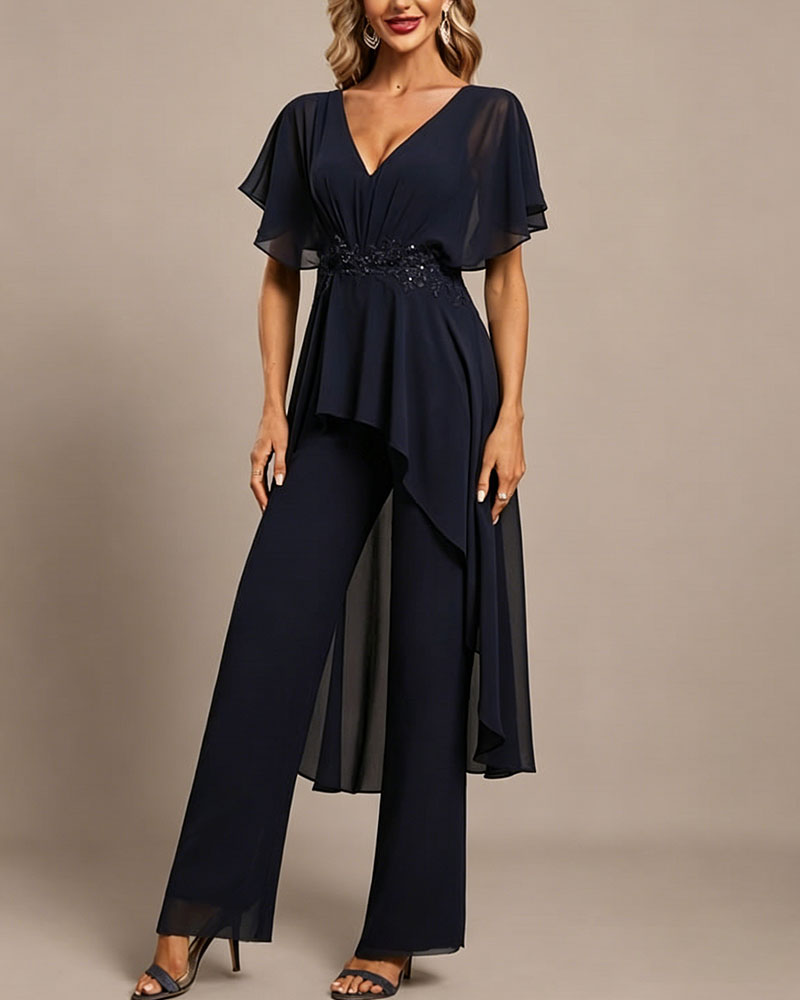 Navy Chiffon Lace Beaded Waist Cape Sleeve Formal Pant Suit