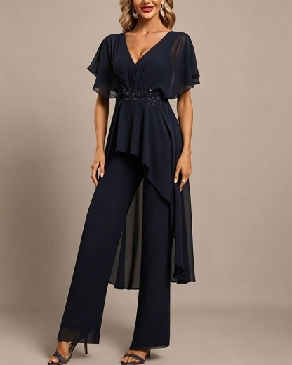 Navy Chiffon Lace Beaded Waist Cape Sleeve Formal Pant Suit