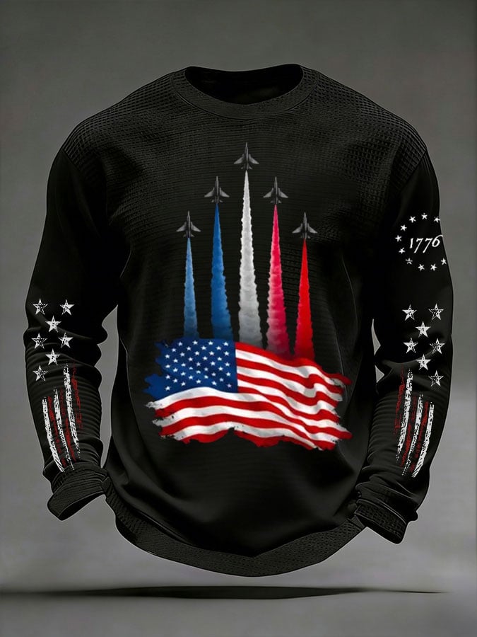 Men's 250th Anniversary US Flag Airplane Flyover Long-Sleeve Textured T-Shirt-pufftee