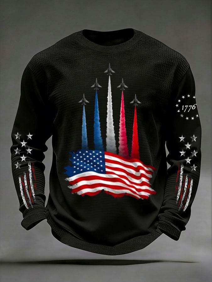 Men's 250th Anniversary US Flag Airplane Flyover Long-Sleeve Textured T-Shirt-pufftee