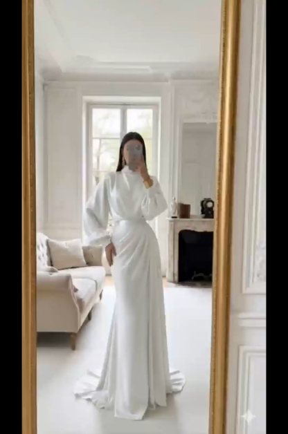 Elegant White Satin High-Neck Lantern Sleeve Ruched Maxi Dress