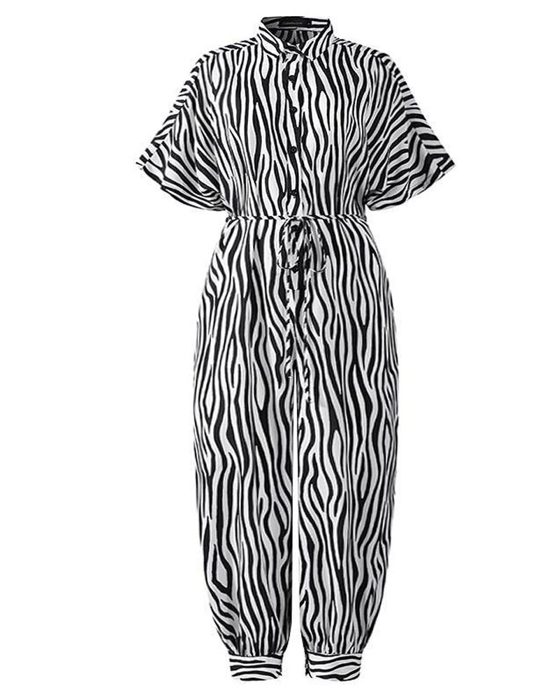 Striped button-down jumpsuit with lapel