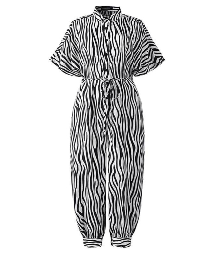 Striped button-down jumpsuit with lapel