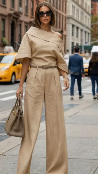 The Minimalist Power Suit: One-Shoulder Draped Top & Tailored Wide Leg Pants | Taupe / Camel Neutral Set