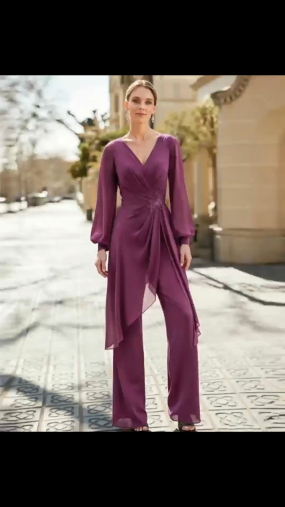 Purple Chiffon Formal Two Piece Set, Long Sleeve V Neck Mother of the Bride Outfit with Lace Detail