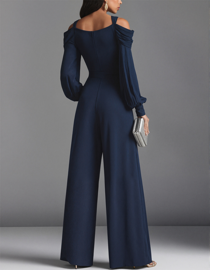 Navy Blue Off-Shoulder Pleated Jumpsuit
