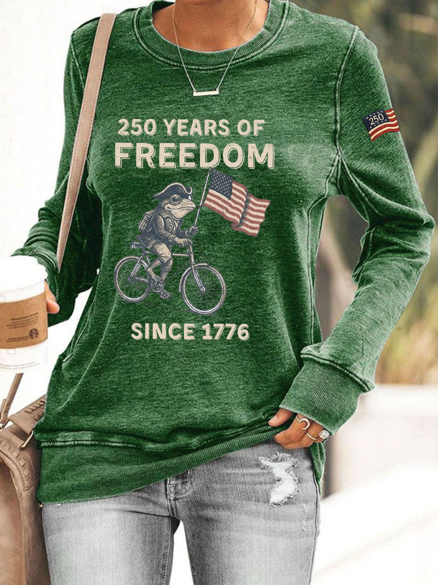 Women's US 250th Anniversary "250 Years of Freedom" Casual Sweatshirt – Patriotic Frog on Bicycle Graphic Pullover-pufftee