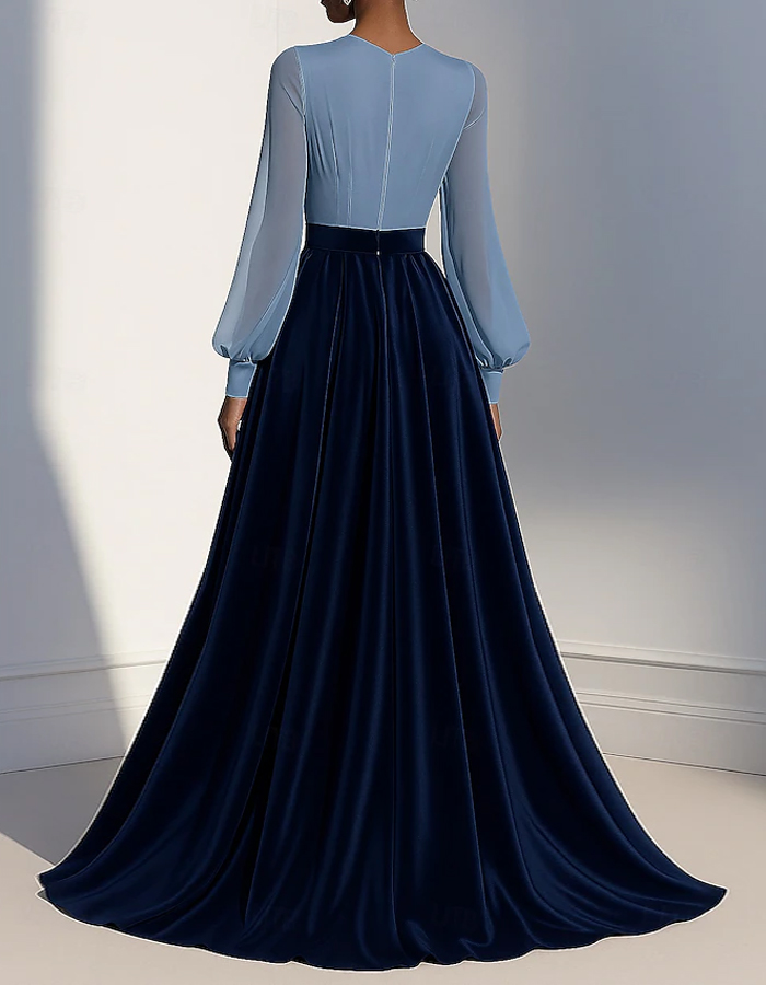 Blue Chiffon Satin Patchwork Maxi Dress