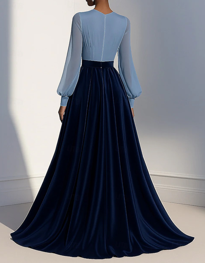 Blue Chiffon Satin Patchwork Maxi Dress