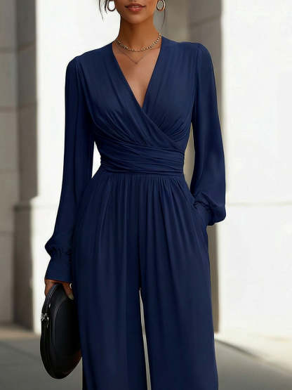 Draped V-Neck Long-Sleeve Wide-Leg Jumpsuit