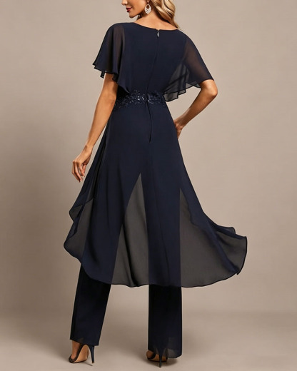 Navy Chiffon Lace Beaded Waist Cape Sleeve Formal Pant Suit