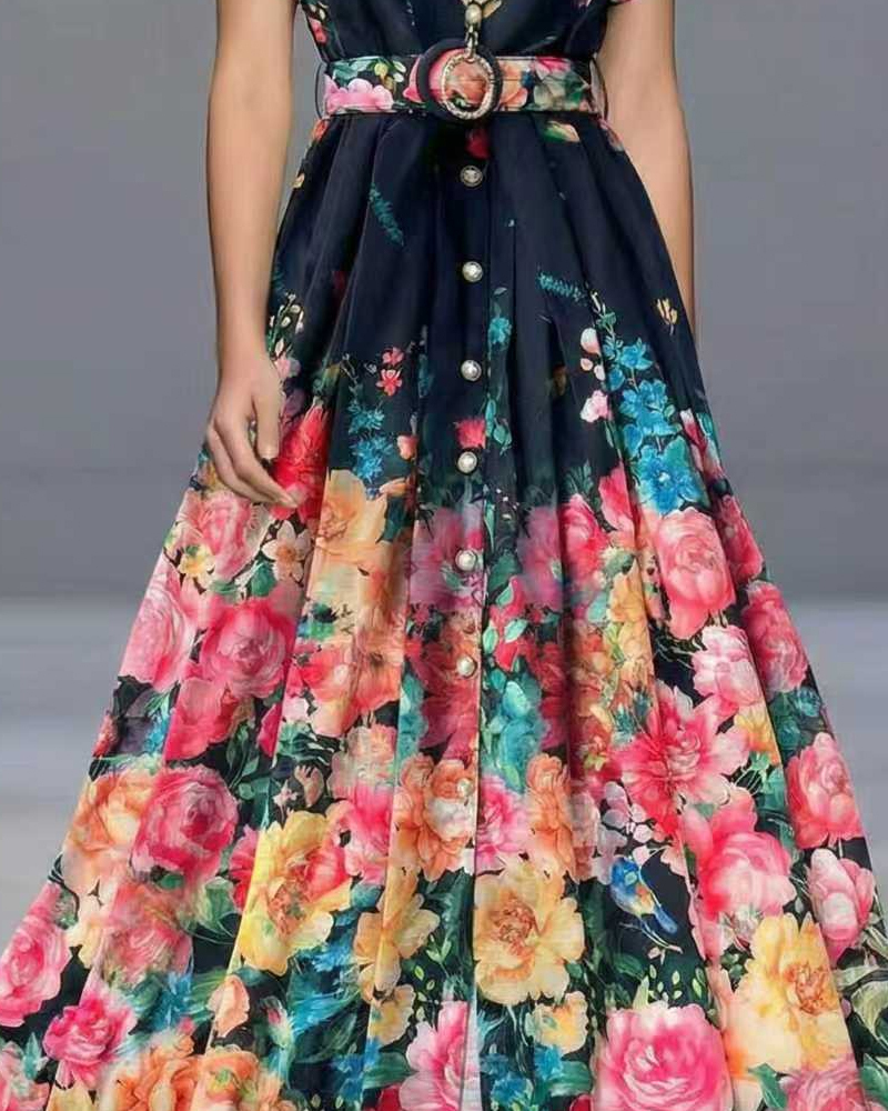 Vintage Black Floral Maxi Dress, Button Down Belted Shirt Dress for Women