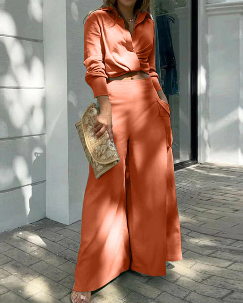 Lapel Casual Solid Color Two-Piece Set