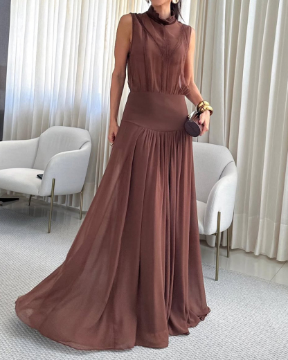 Elegant sleeveless solid color waist-cinching dress