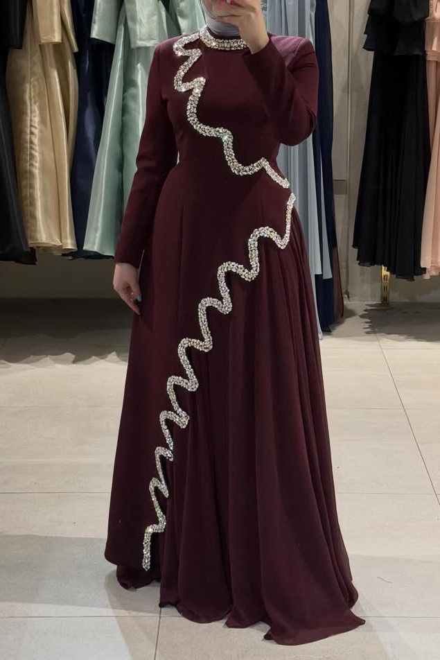 Asymmetric Hot Drilling Patchwork Mock Neck Party Maxi Dresses