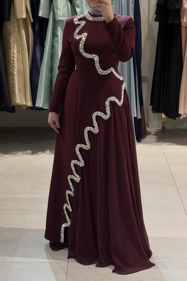Asymmetric Hot Drilling Patchwork Mock Neck Party Maxi Dresses