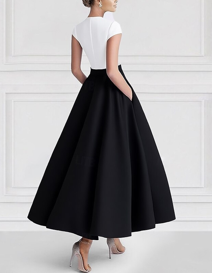 A-line Short-sleeved V-neck Satin Midi Dress