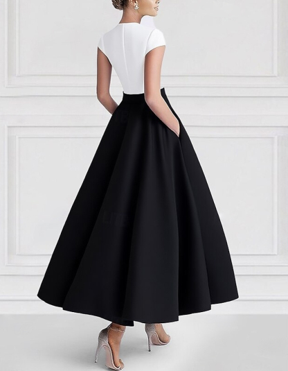 A-line Short-sleeved V-neck Satin Midi Dress