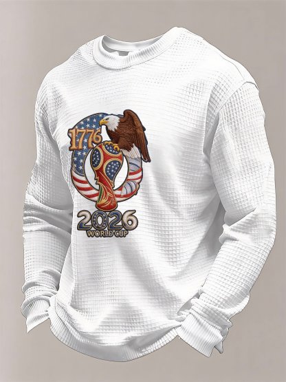 Men's US 250th Anniversary 1776-2026 Waffle-Knit Long Sleeve – Eagle & World Cup Patriotic Graphic Tee-pufftee