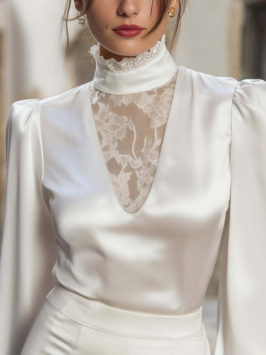 Lace-Detail High Neck Satin Blouse