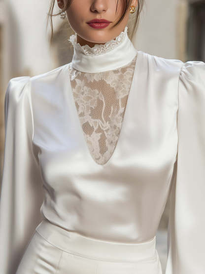 Lace-Detail High Neck Satin Blouse