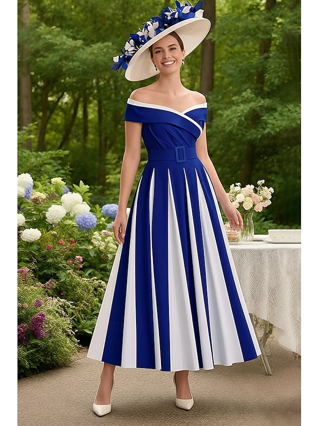 Elegant Color-Blocked Off-Shoulder Dress