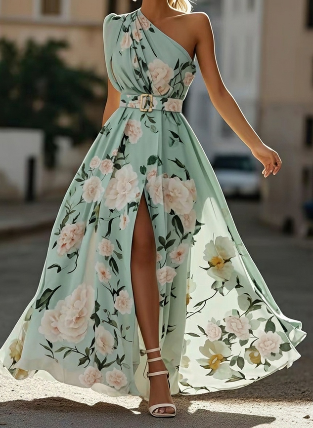 Light Green Floral Ruched One Shoulder A-Line Maxi Chiffon Dress