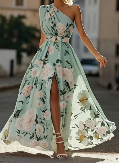 Light Green Floral Ruched One Shoulder A-Line Maxi Chiffon Dress