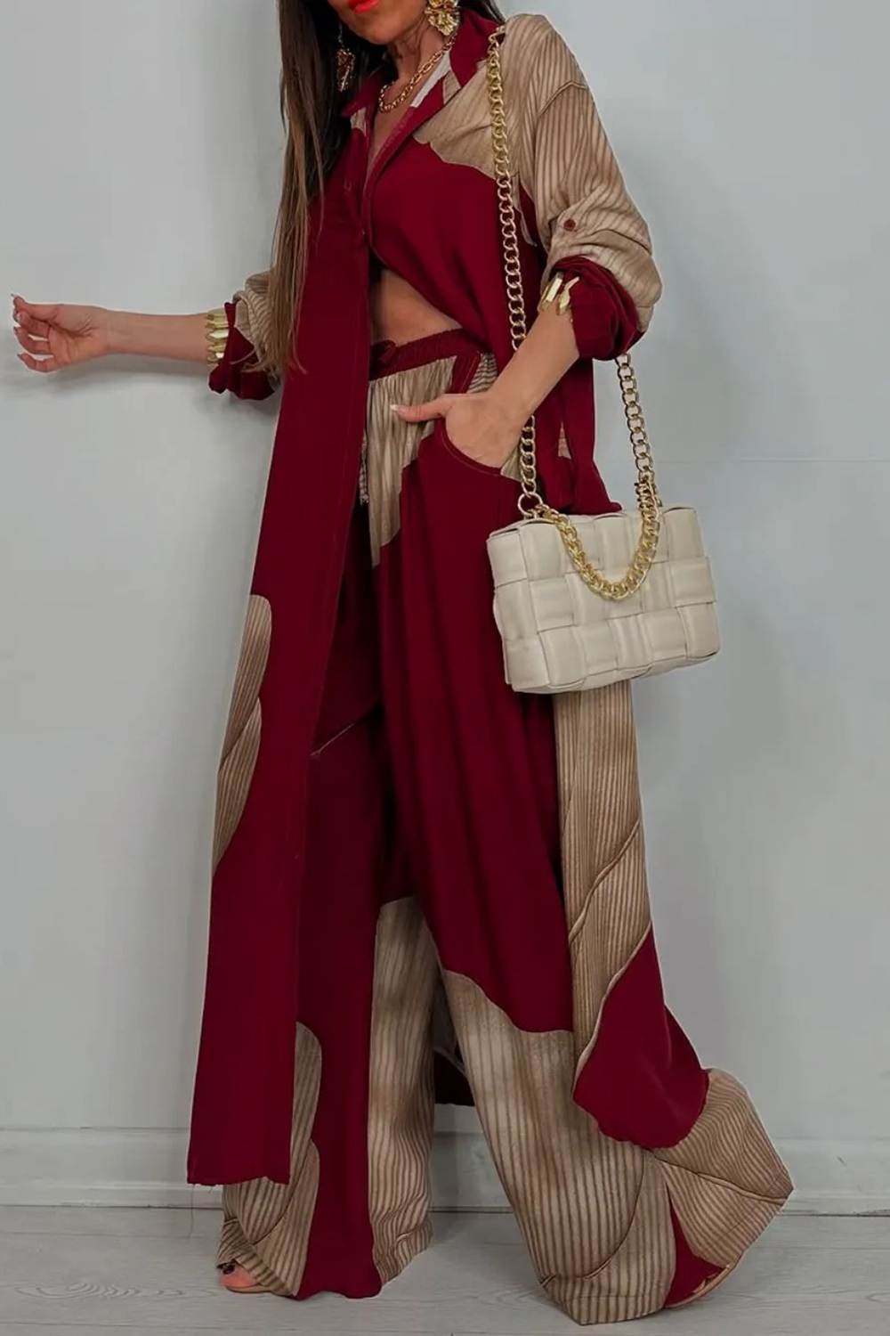 Leaf Print Colorblock Turndown Collar Long Shirt Wide Leg Pants 2pcs Set