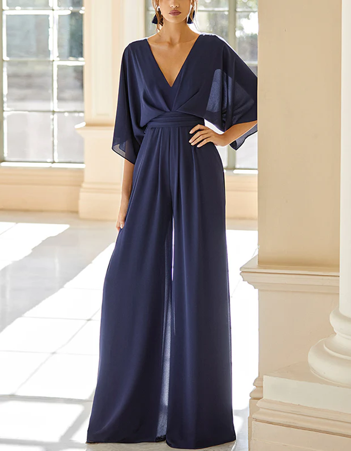 Kimono-sleeved Wrap-style Wide-leg Jumpsuit