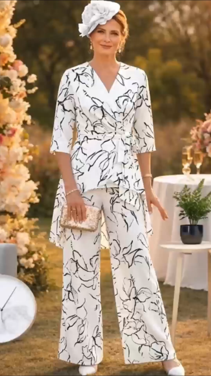 Abstract Print Wrap Peplum Two-Piece Pant Set