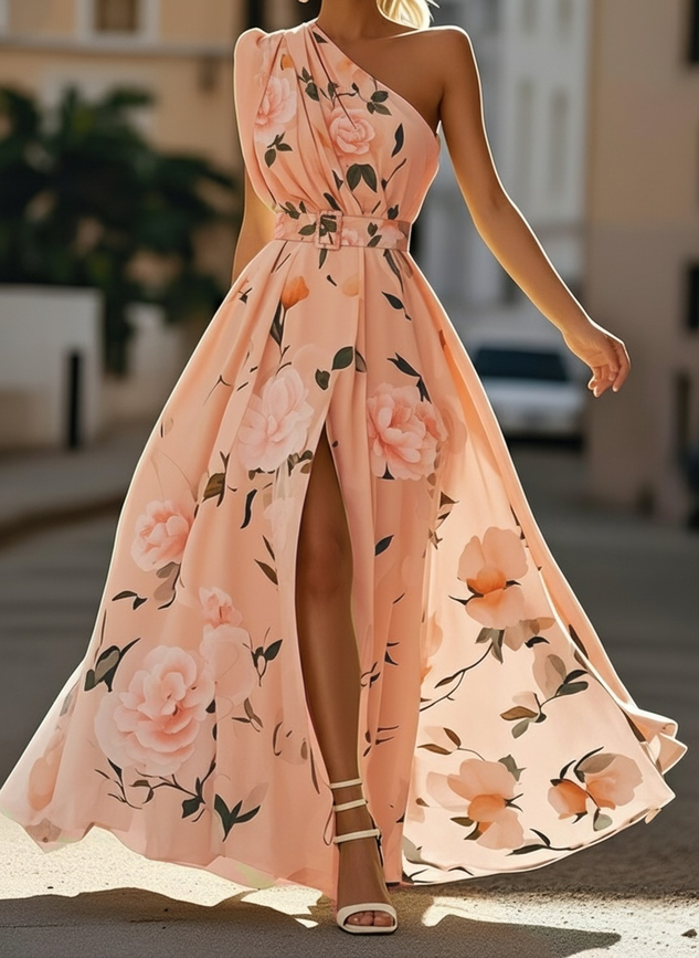 Light Green Floral Ruched One Shoulder A-Line Maxi Chiffon Dress