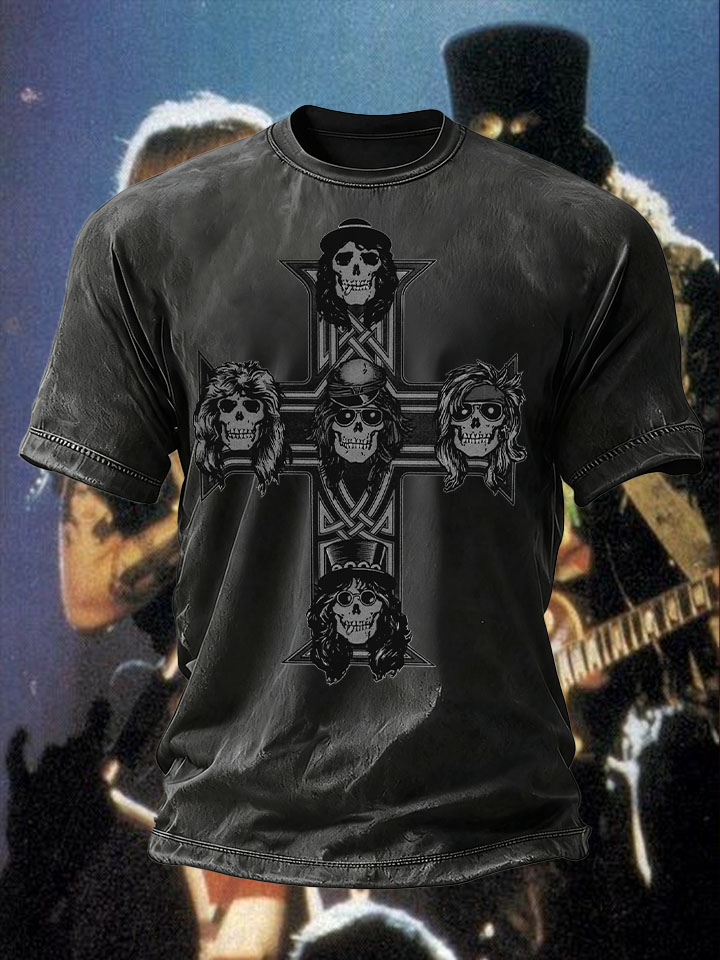 Men's Retro Rock Rose Short Sleeves Washed T-shirt-pufftee