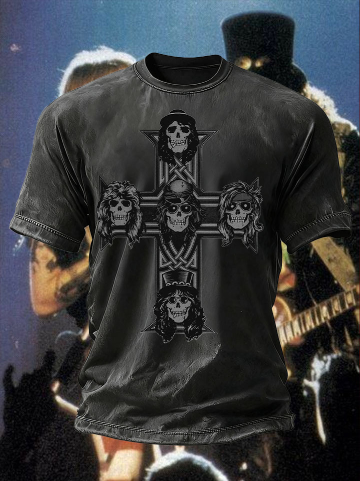 Men's Retro Rock Rose Short Sleeves Washed T-shirt-pufftee