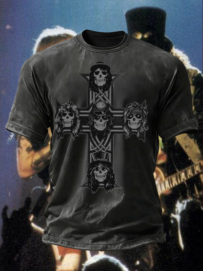 Men's Retro Rock Rose Short Sleeves Washed T-shirt-pufftee