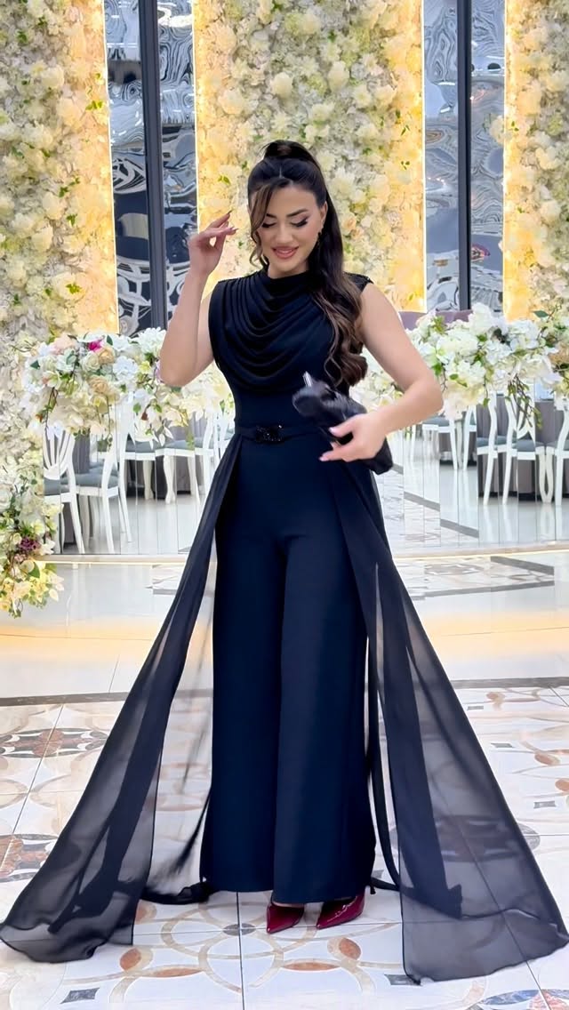 Black Draped Neck Jumpsuit with Chiffon Overlay