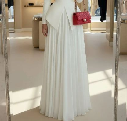 Elegant White Two Piece Set, High Neck Blazer Top & Pleated Maxi Skirt Formal Outfit