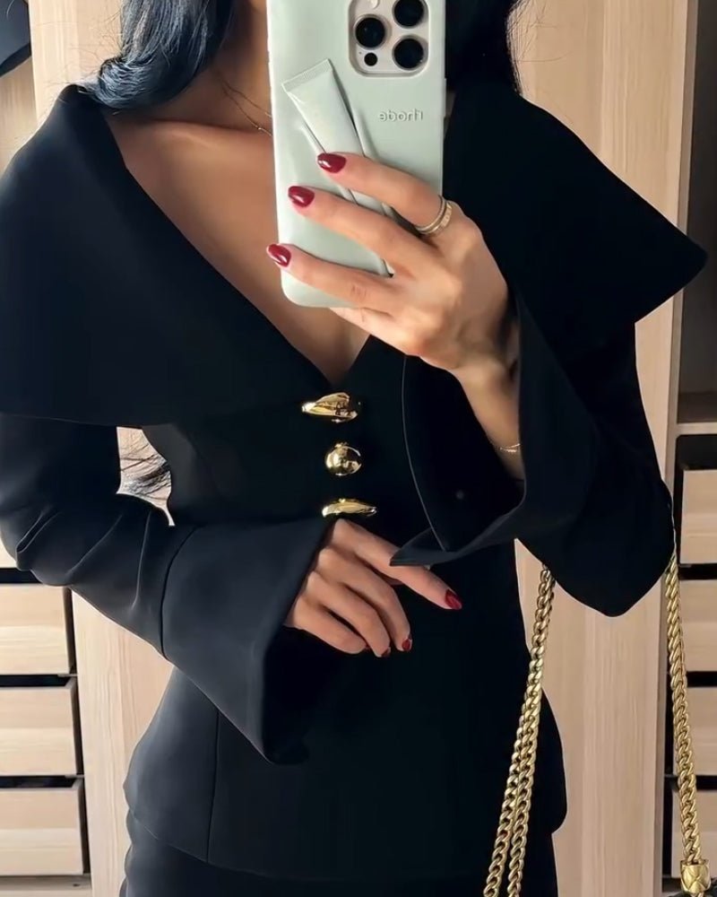 Collared Long - Sleeved Solid Color Two - Piece Set - MismiDaily - top