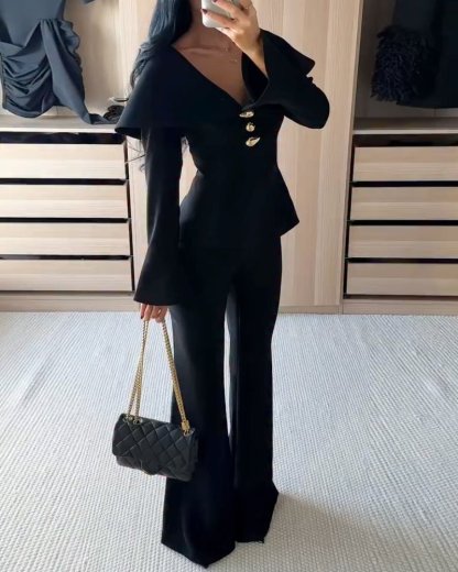 Collared Long - Sleeved Solid Color Two - Piece Set - MismiDaily - top