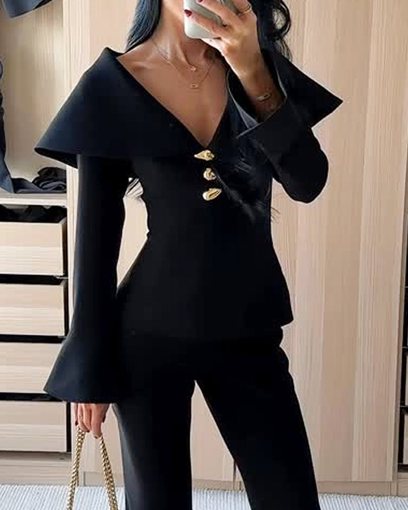 Collared Long - Sleeved Solid Color Two - Piece Set - MismiDaily - top