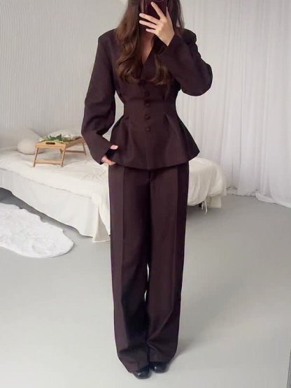 Collared Long - Sleeved Casual Solid Color Two - Piece Set - MismiDaily - Two - piece