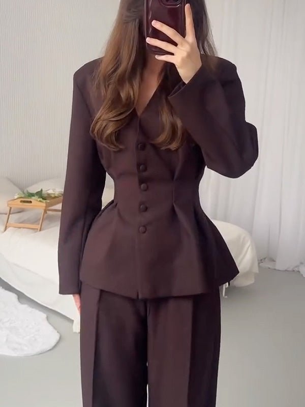Collared Long - Sleeved Casual Solid Color Two - Piece Set - MismiDaily - Two - piece