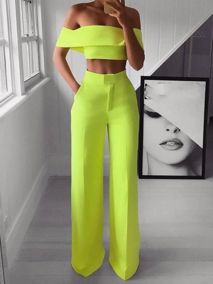 Off - shoulder casual solid color two - piece set - MismiDaily - Two - piece