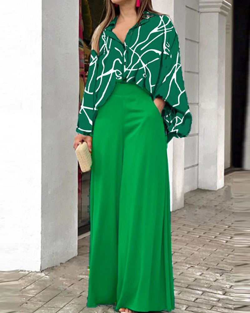 Collared Print Casual Two-Piece Set