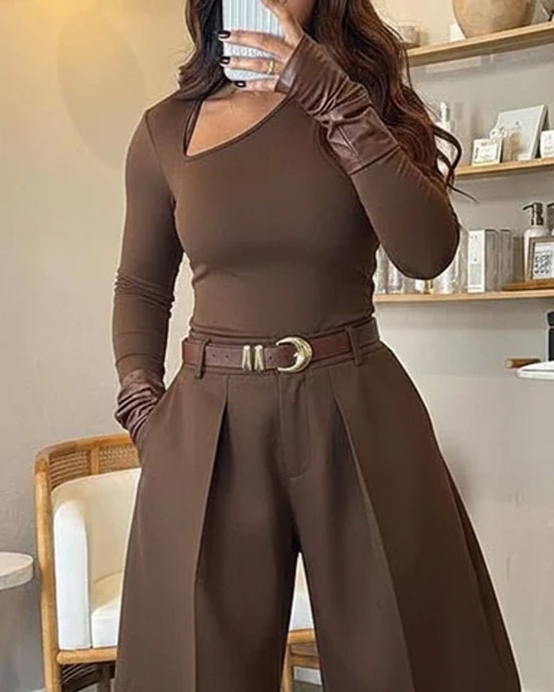 Casual long - sleeved solid color two - piece set - MismiDaily - Two - piece