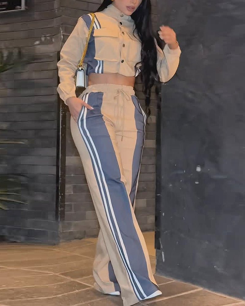 Color-blocked casual solid color two-piece set