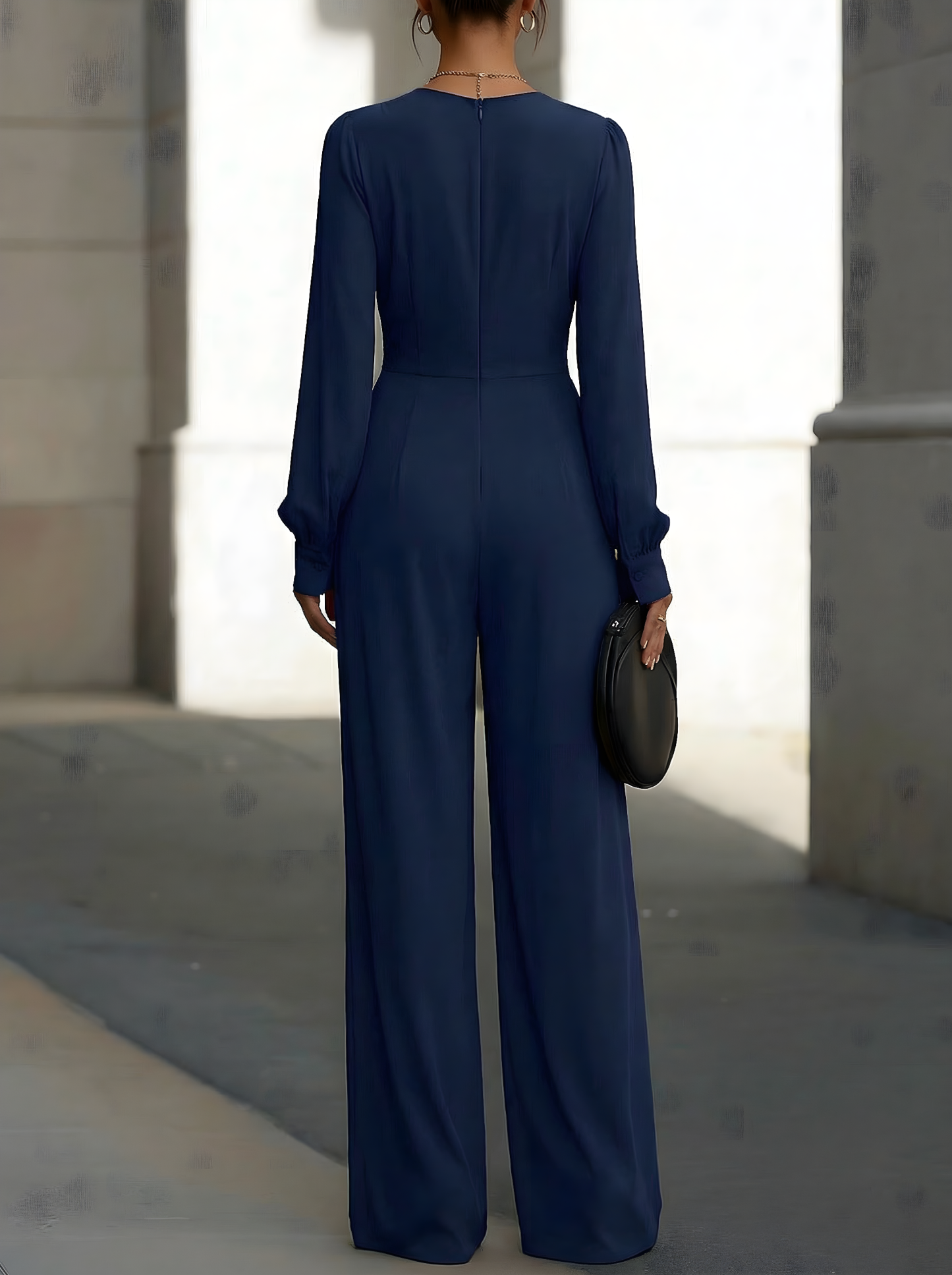 Draped V-Neck Long-Sleeve Wide-Leg Jumpsuit